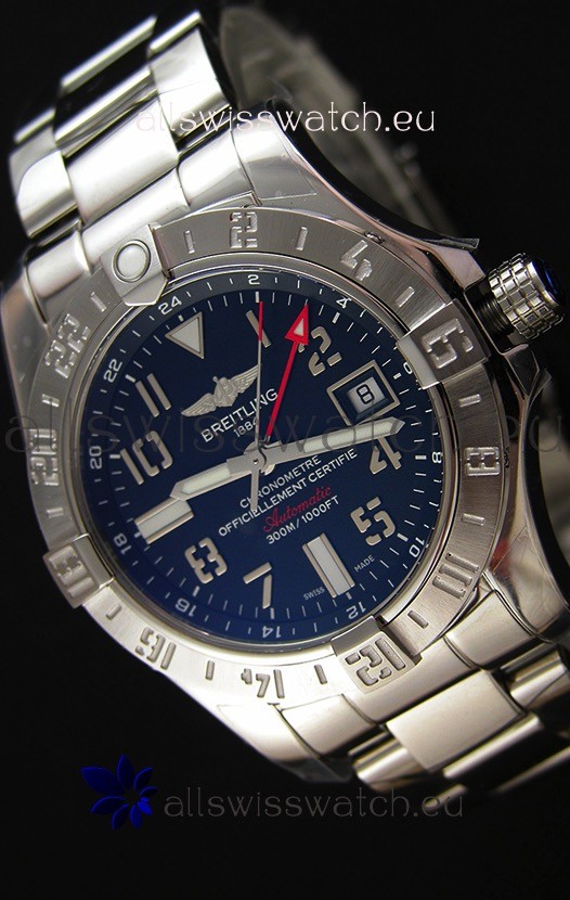 Breitling Avenger II GMT Swiss Replica Watch in Black Dial Steel Strap 1:1 Mirror Replica Version