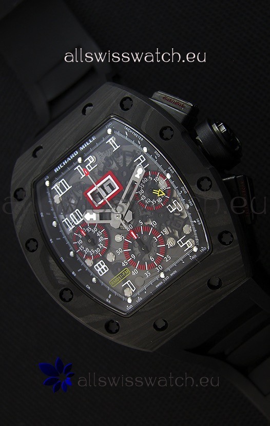 Richard Mille RM011-FM Felipe Massa One Piece Black Forged Carbon Case Watch in Black Strap