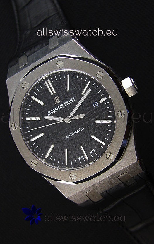 Audemars Piguet Royal Oak 41MM Black Dial Leather Strap - 1:1 Mirror Ultimate Edition
