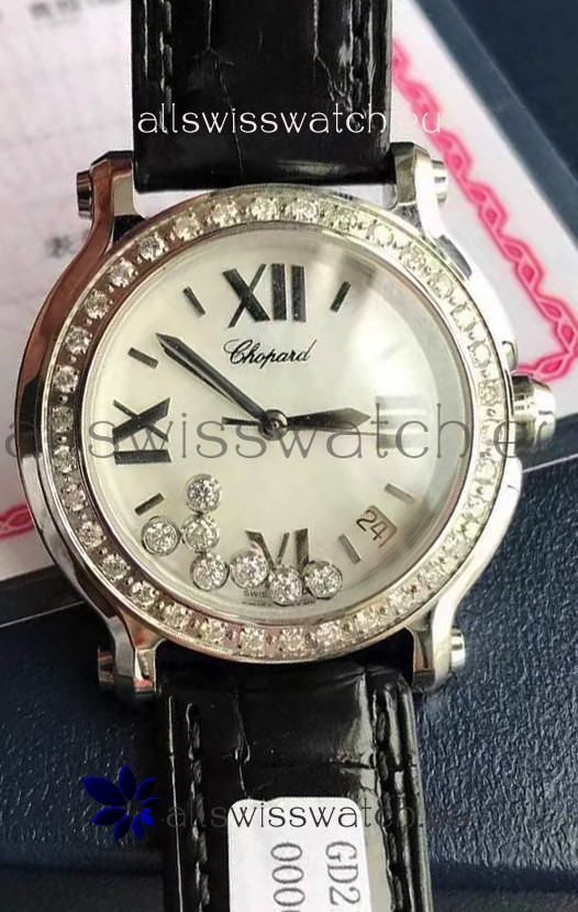 Chopard Happy Stainless Steel Swiss Quartz Watch 1:1 Mirror Replica - Genuine Diamonds 
