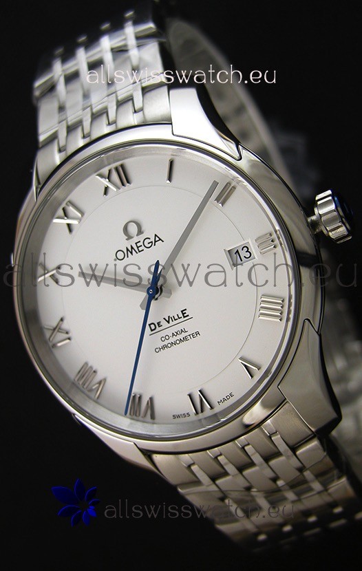 Omega De-Ville Annual Calendar Steel Strap Swiss Replica Watch 1:1 Mirror Edition in White Dial