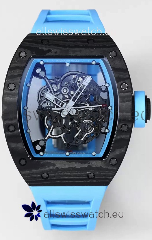 Richard Mille RM055 Black Carbon Casing Blue Rubber 1:1 Superclone Genuine Tourbillon Watch 
