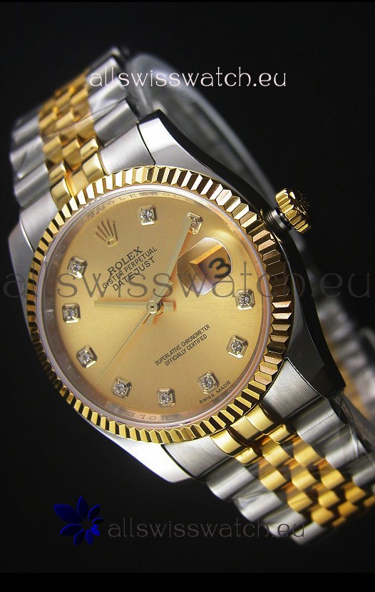 Rolex Datejust Replica Japanese Watch - Two Tone Plating with Gold Dial in 36MM Casing