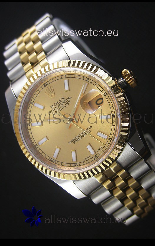 Rolex Datejust Replica Japanese Watch - Two Tone Plating with Gold Dial in 36MM Casing