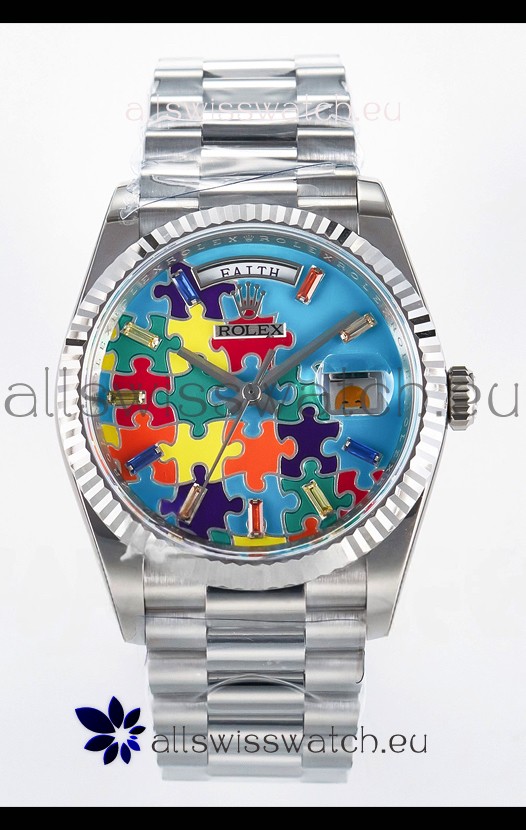 Rolex Day Date Emoji Jig-Saw Puzzle Stainless Steel Casing Swiss Replica Watch 