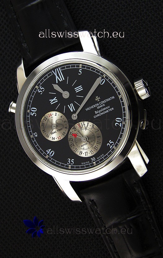 Vacheron Constantin Malte Dual Time Regulator Black Dial Replica Watch 