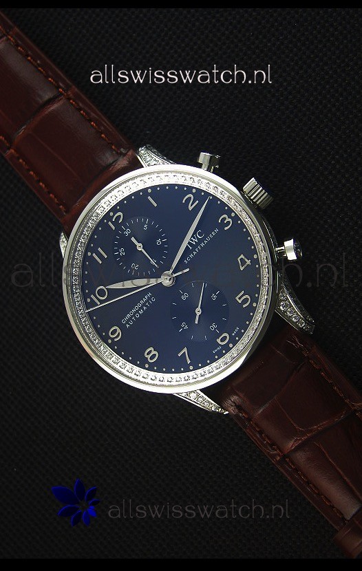 IWC Portuguese Chronograph Black Dial Brown Strap with Diamonds 1:1 Mirror Replica Watch