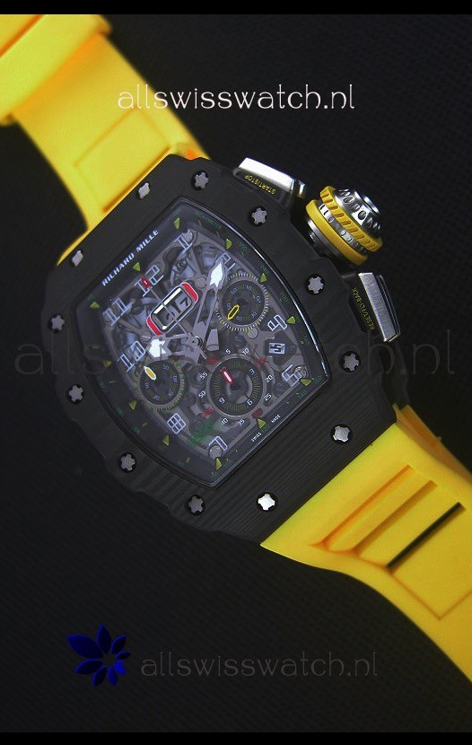 Richard Mille RM011-03 One Piece Black Forged Carbon Case Watch in Yellow Strap