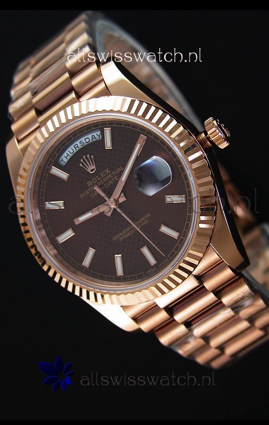 Rolex Day-Date 40MM Rose Gold in Brown Textured Dial Stick Markers