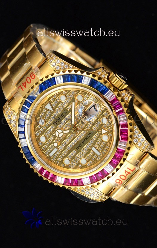 Rolex GMT Masters II Iced out Swiss watch with Yellow Gold 904L Case
