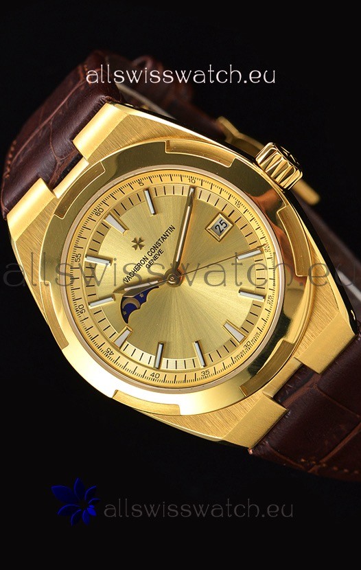 Vacheron Constantin Overseas MoonPhase Yellow Gold Swiss Watch in Brown Strap