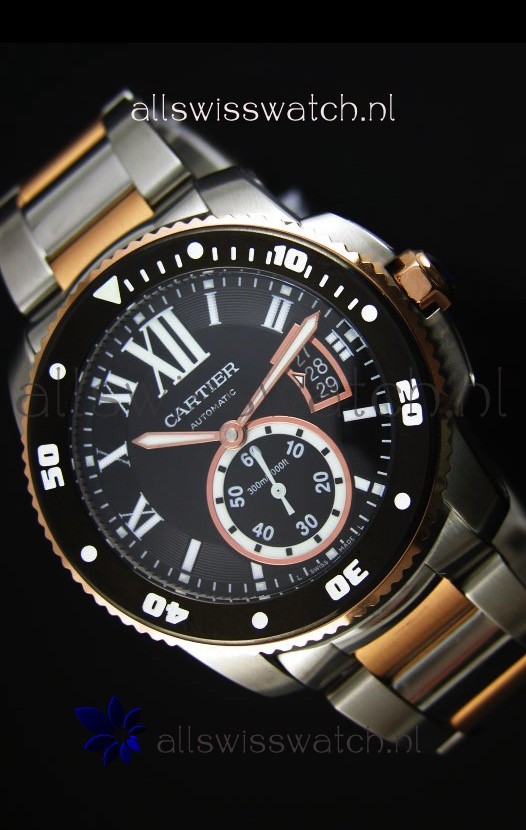 Calibre De Cartier Watch 42MM Black Dial Two Tone Case - 1:1 Mirror Replica Watch
