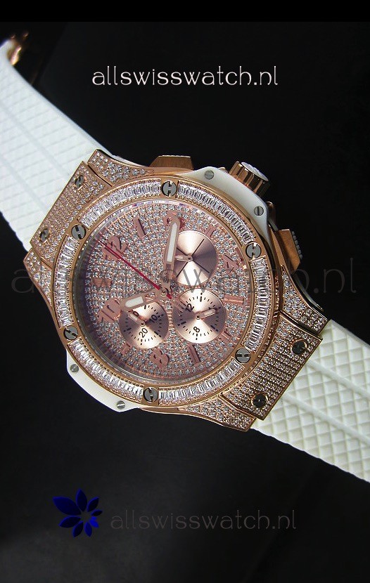 Hublot Big Bang Rose Gold Watch Quartz Movement in White Strap