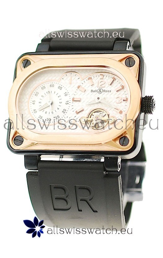 Bell and Ross BR Minuteur Tourbillon Japanese Replica Gold Watch in White Dial