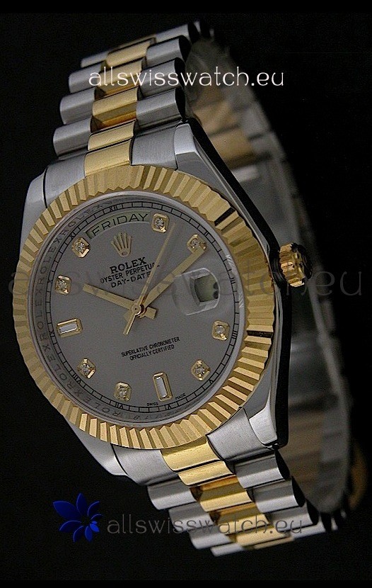 Rolex Day Date Just Japanese Replica Two Tone Gold Watch in Grey Dial