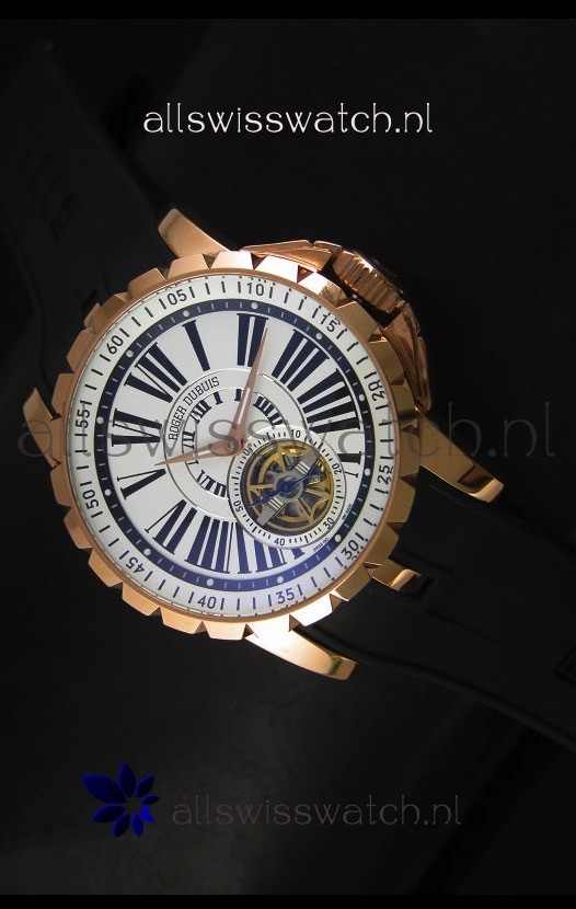 Roger Dubuis Excalibur Tourbillon Watch - Rose Gold Plating White Dial