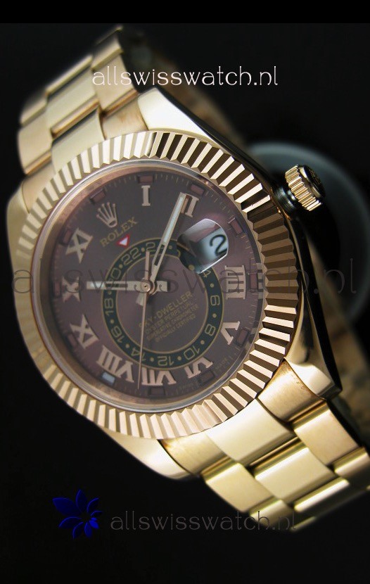 Rolex Sky-Dweller 18K Yellow Gold Watch in Brown Dial Roman Numerals