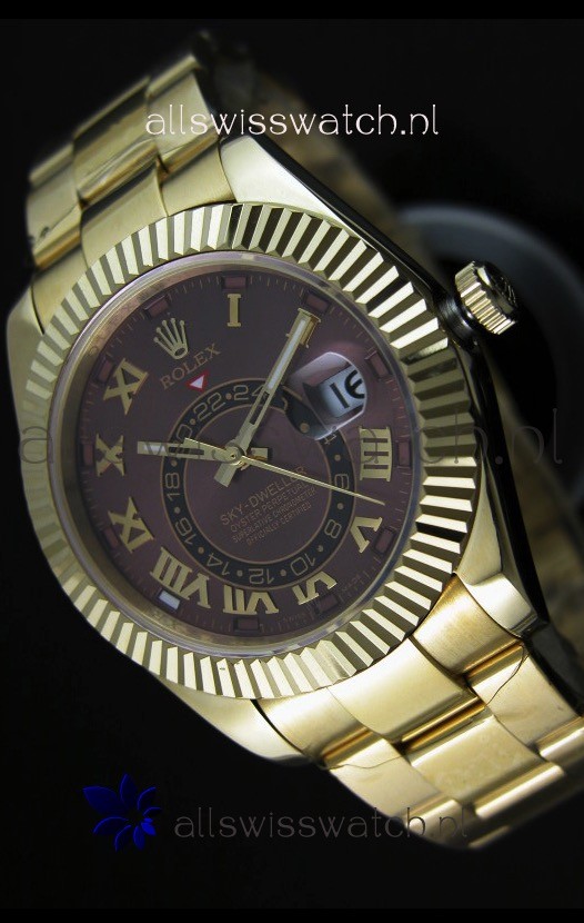 Rolex Sky-Dweller 18K Yellow Gold Watch in Brown Dial Roman Numerals