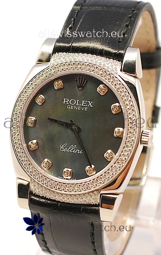 Rolex Cellini Cestello Ladies Swiss Watch in Black Pearl Face Diamonds Markers