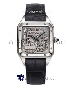 Cartier Santos Dumont Skeleton Stainless Steel Watch in Black Leather Strap 43.5MM