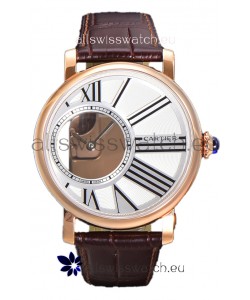 Rotonde De Cartier in Rose Gold Casing - Leather Strap Swiss Quartz Replica Watch 