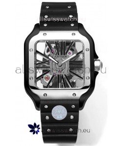 Santos De Cartier Watch in Skeleton Dial - DLC Coated Casing & Steel Strap in Rubber Strap