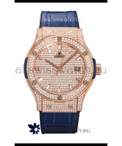 Hublot Classic Fusion Automatic Rose Gold Diamonds Paved Dial Blue Strap 42MM Superclone Replica Watch 