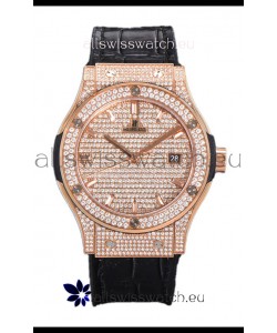 Hublot Classic Fusion Automatic Rose Gold Diamonds Paved Dial Black Strap 42MM Superclone Replica Watch 
