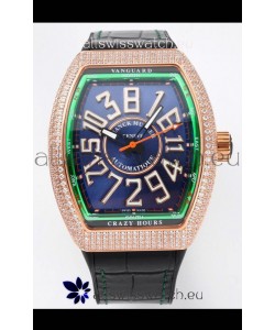 Franck Muller Vanguard Crazy Hours Rose Gold Diamonds - Steel Blue Dial Swiss Replica Watch 