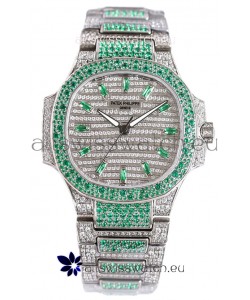 Patek Philippe Nautilus 7118R 35MM 1:1 Green Diamonds Paved Watch in Steel Casing 