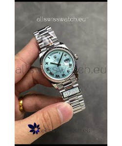 Rolex Day Date Super Clone Stainless Steel Ice Blue Dial Roman Numerals Watch 36MM - 1:1 Mirror Quality