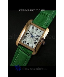 Cartier Louis Japanese Replica Ladies Rose Gold Watch in Green Strap