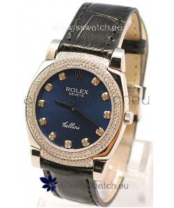 Rolex Cellini Cestello Ladies Swiss Watch in Dark Blue Face Diamonds Bezel and Lugs