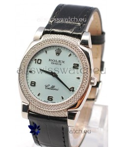 Rolex Cellini Cestello Ladies Swiss Watch in Blue Face Black Leather Strap Diamonds Bezel 