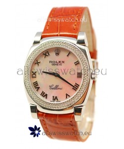 Rolex Cellini Cestello Ladies Swiss Watch Beige Pearl Roman Face Diamonds Bezel
