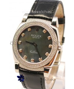 Rolex Cellini Cestello Ladies Swiss Watch in Black Pearl Face Diamonds Markers