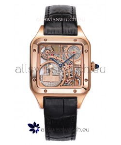Cartier Santos Dumont Skeleton Rose Gold Watch in Black Leather Strap 43.5MM