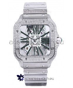 Santos De Cartier Watch in Skeleton Dial - Diamonds Bezel in Steel Casing Swiss Replica