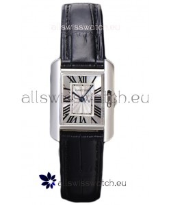 Cartier Tank Anglaise Stainless Steel Watch in Black Leather Strap Swiss Quartz Watch 30MM
