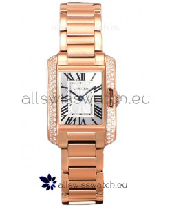 Cartier Tank Anglaise Rose Gold Watch in Steel Strap Diamonds Bezel Swiss Quartz Watch 30MM