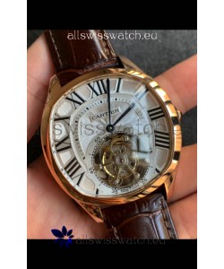 Drive De Cartier Yellow Gold Tourbillon Super clone Replica Watch in White Dial 