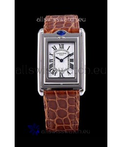 Cartier Tank Reversible Swiss Quartz Replica Watch in Steel Casing - Brown Strap