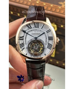 Drive De Cartier Rose Gold Tourbillon Super clone Replica Watch in White Dial 