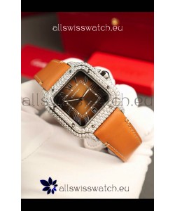 Santos De Cartier Watch in Brown Dial 39.50MM MOSSANITES Paved Bezel Swiss Replica Watch