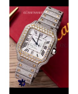 Santos De Cartier Watch in White Dial MOSSANITES Paved Edition Swiss Replica Watch