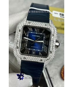 Santos De Cartier Watch in Blue Dial 39.50MM MOSSANITES Paved Bezel Swiss Replica Watch