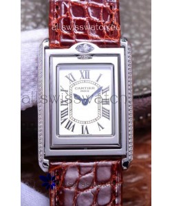 Cartier Tank Reversible Swiss Quartz Replica Watch in Steel Casing - Brown Strap