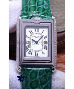 Cartier Tank Reversible Swiss Quartz Replica Watch in Steel Casing - Green Strap