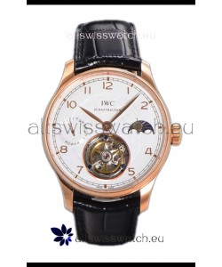 IWC Portugese Hand-Wound Genuine Tourbillon White Dial Rose Gold Casing Swiss Replica Watch 