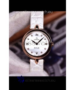 Omega De Ville Prestige Dewdrop Edition Swiss Quartz Watch in Rose Gold White Strap